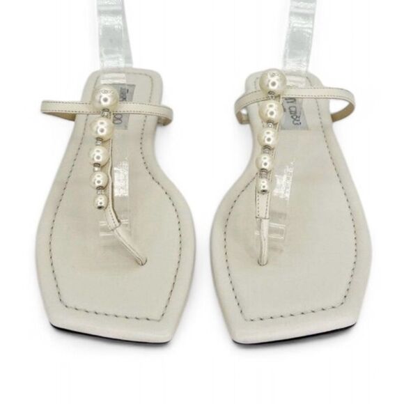 NWT JIMMY CHOO Alaina White Faux Pearl Embellished Thong Flat Sandals Si… - Picture 3 of 9